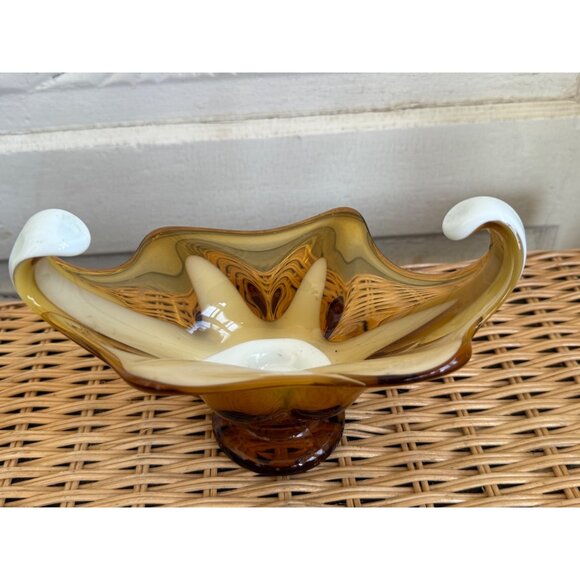 Vintage MCM Midcentury Art Glass Dish/Bowl Amber and Milk Glass - Picture 12 of 13